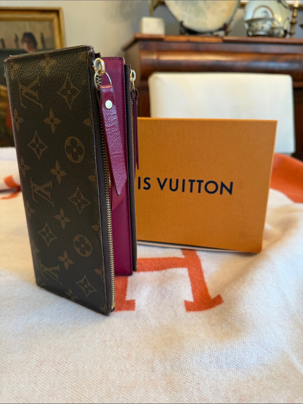 Louis Vuitton Adele Monogram Canvas Wallet with Magenta Red Leather Interior